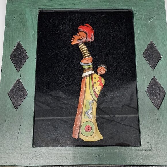 African Wall Hanging Mother Child 3D Figure Glass Covered Wooden Shadow Box - Picture 2 of 10